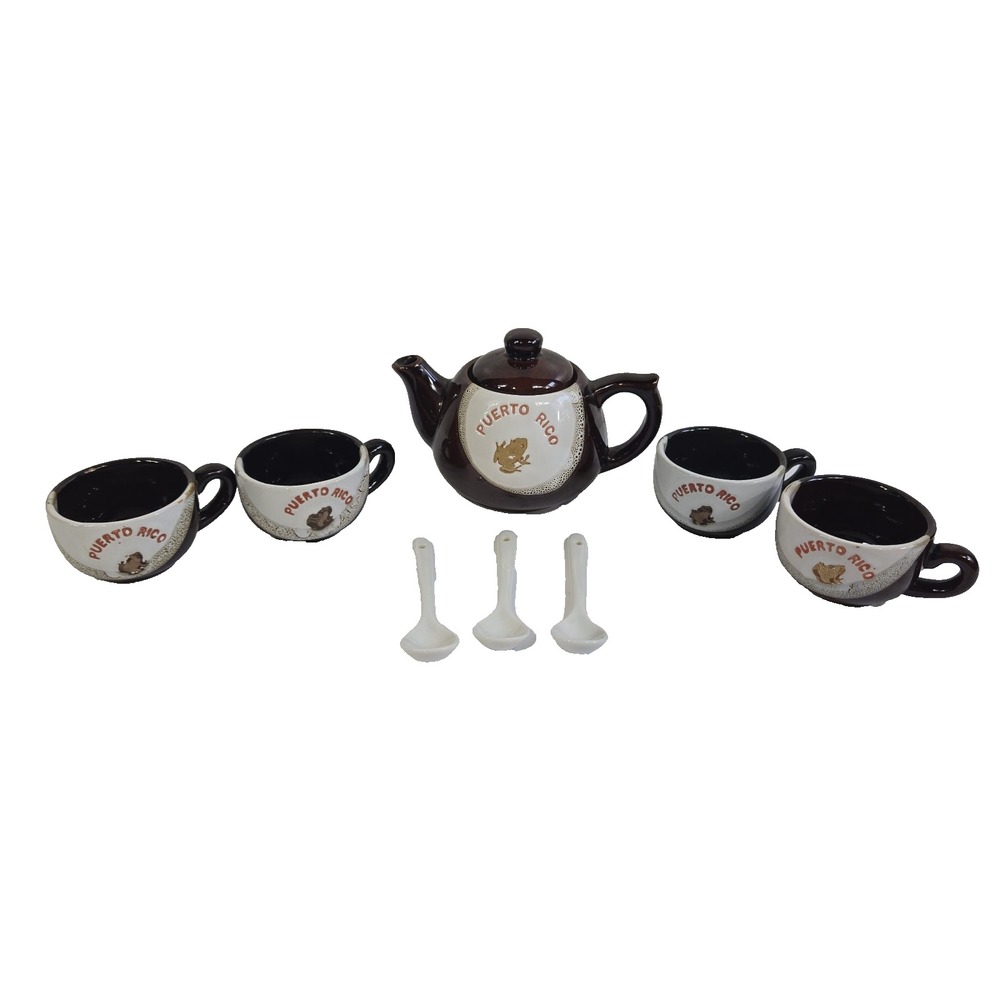 Vintage Puerto Rico Ceramic Souvenir Teapot Cups Spoons Set 9 Pieces